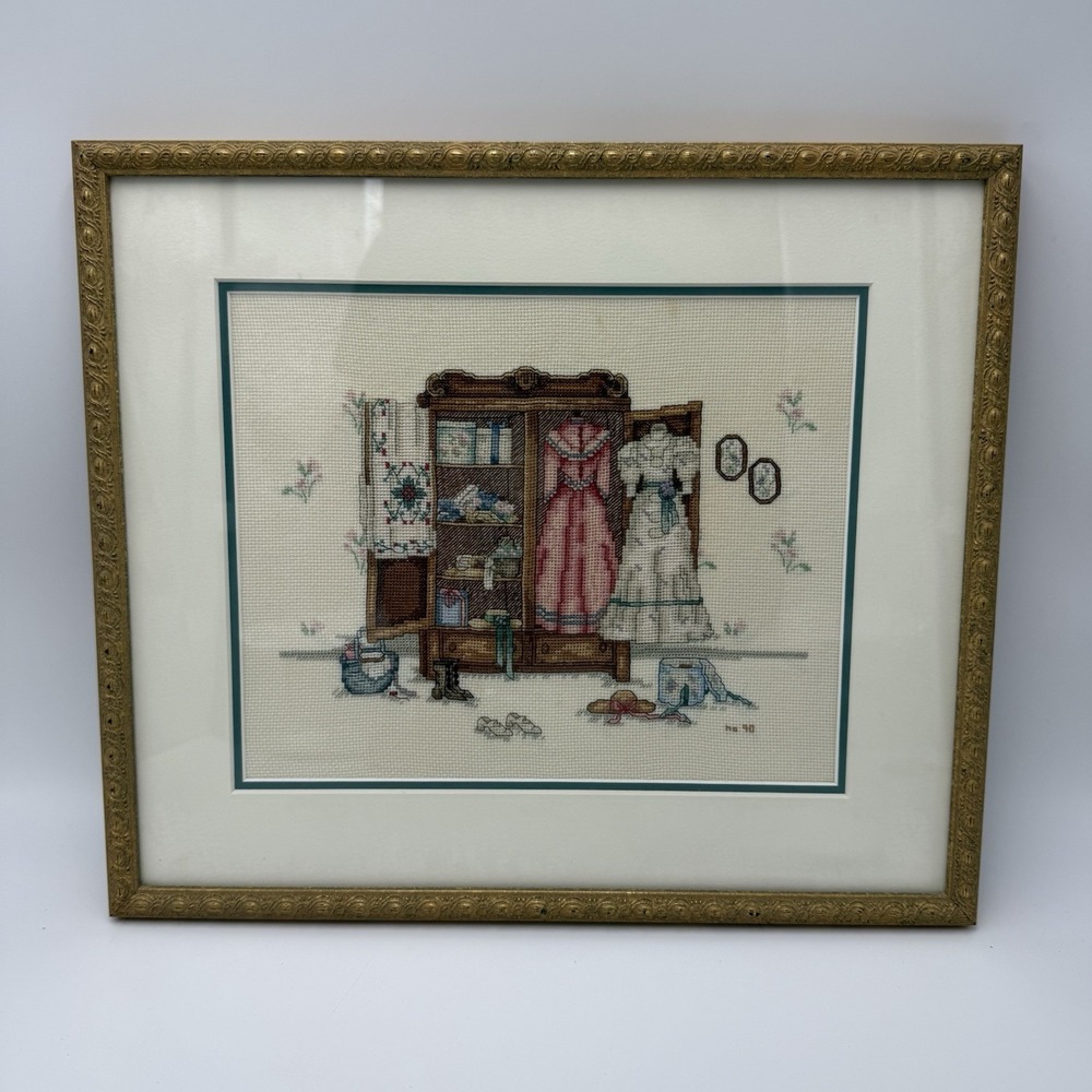 Vtg Embroidered Cross Stitched Wall Art Fashion Victorian Decor Matted Framed